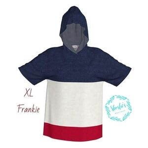 LuLaRoe Frankie Navy, White, and Red Hooded Shirt